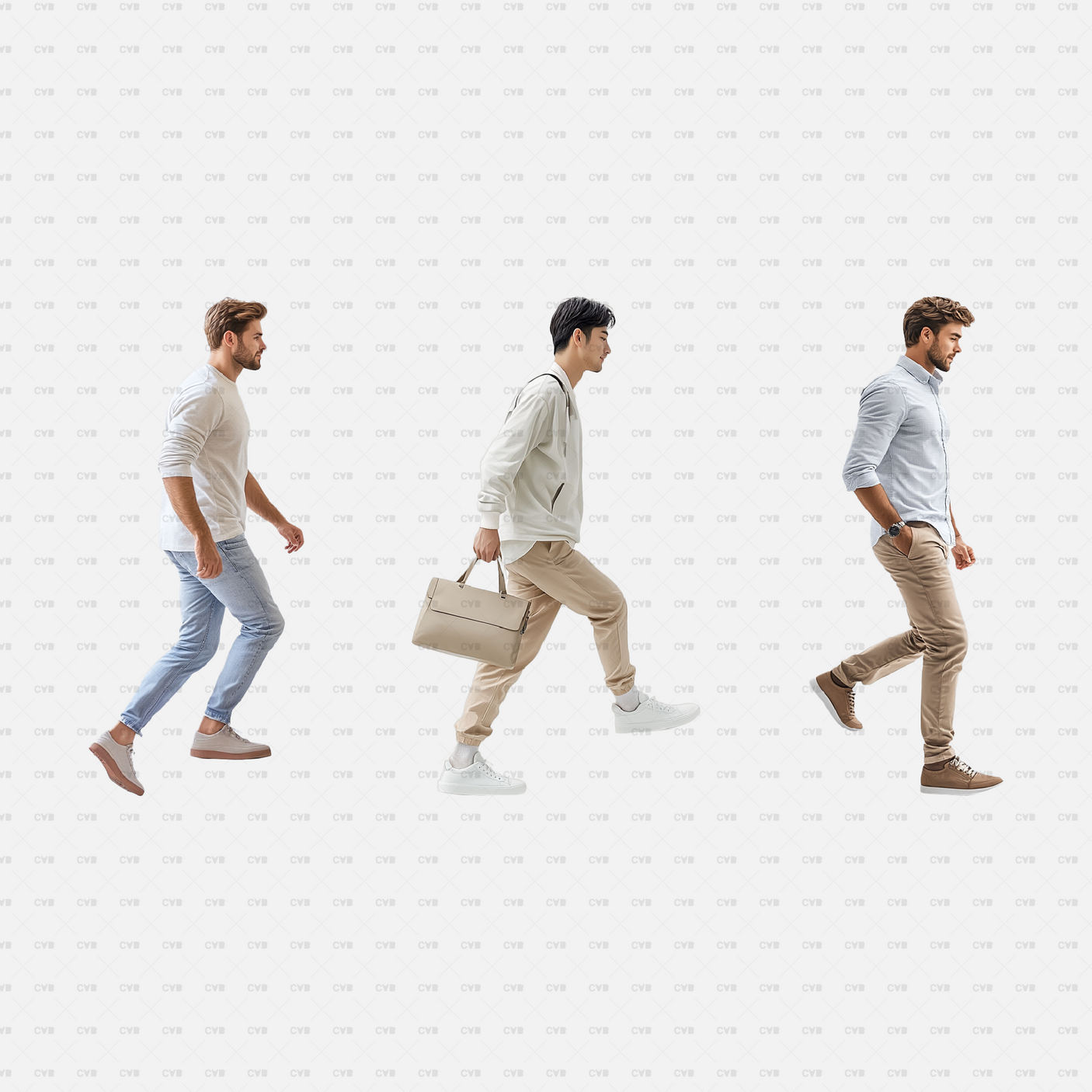 Download PNG cutouts of men walking up stairs in casual and professional attire. Perfect for architectural renderings, office spaces, and urban design projects.