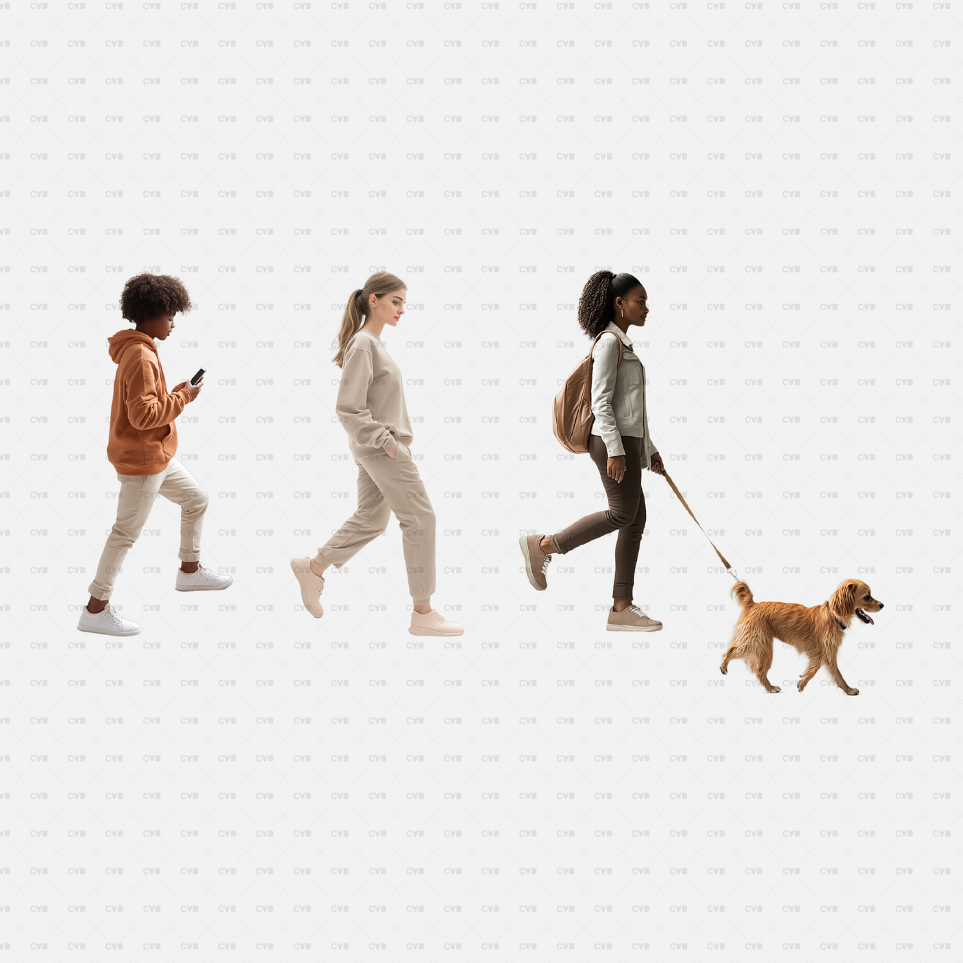 Download PNG cutouts of women and a child walking on stairs, including a woman walking a dog. Ideal for architectural visualizations and outdoor designs.