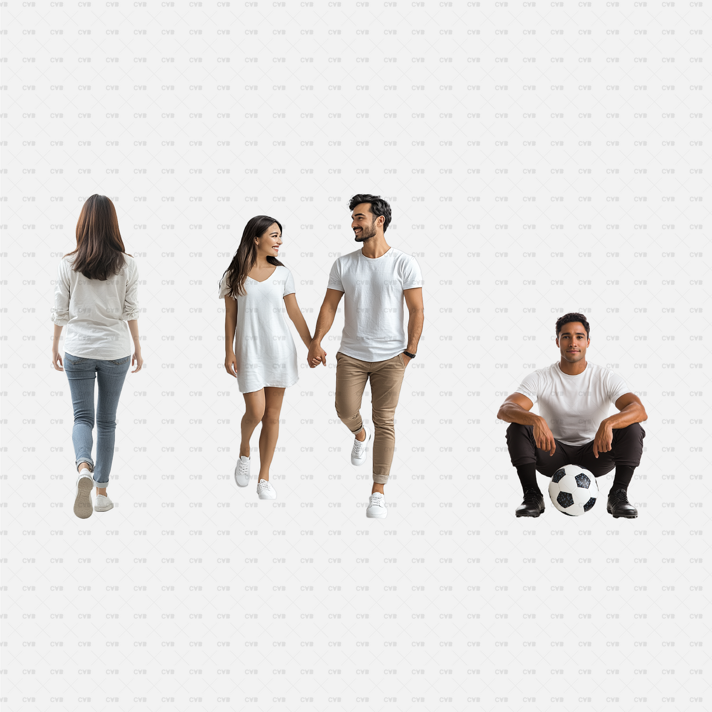 Download PNG cutouts of a woman walking, a couple holding hands, and a man sitting with a soccer ball. Perfect for architectural renderings and outdoor designs.
