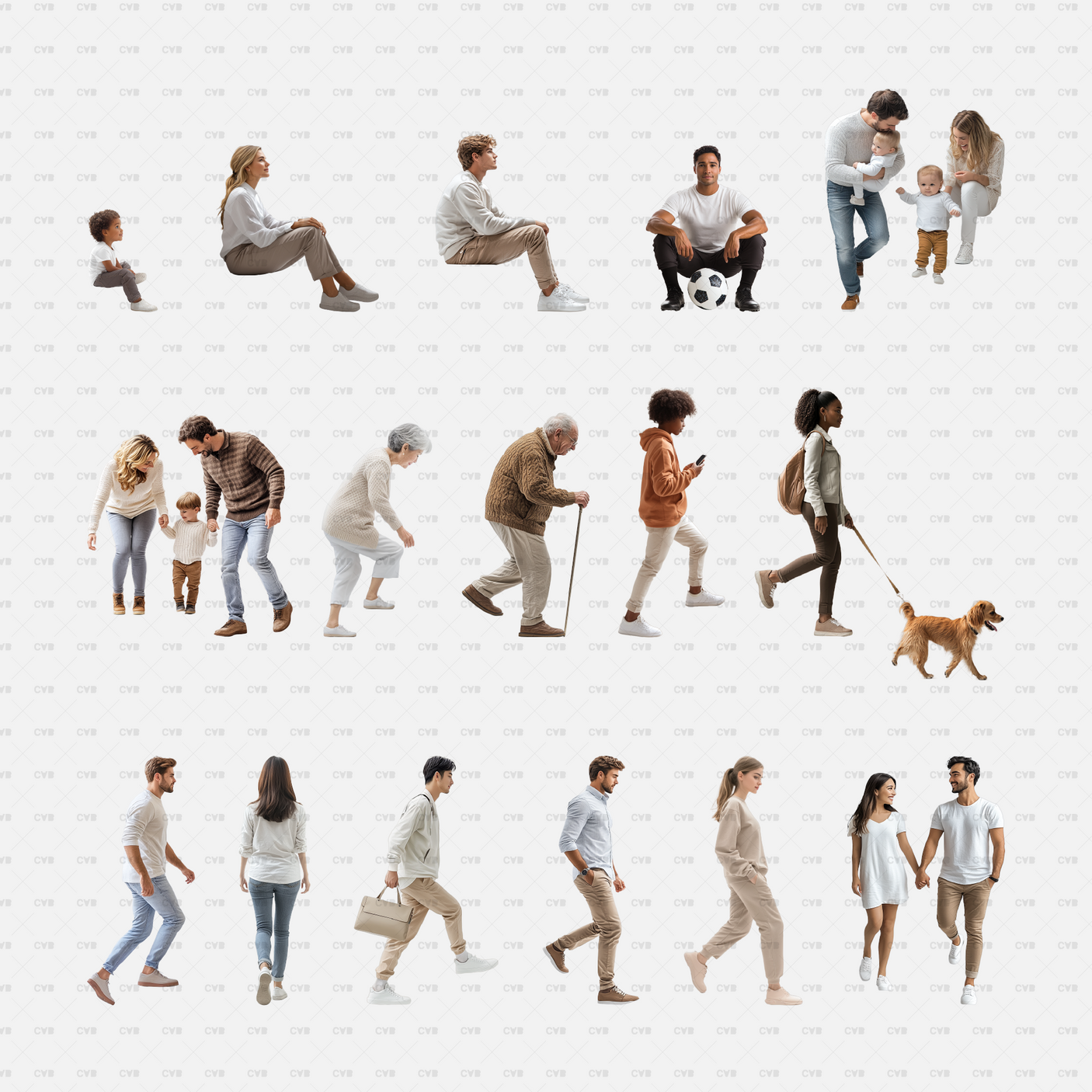 Download high-quality PNG cutouts of people on stairs in various poses—walking, sitting, and interacting. Perfect for architectural renderings and CAD designs.