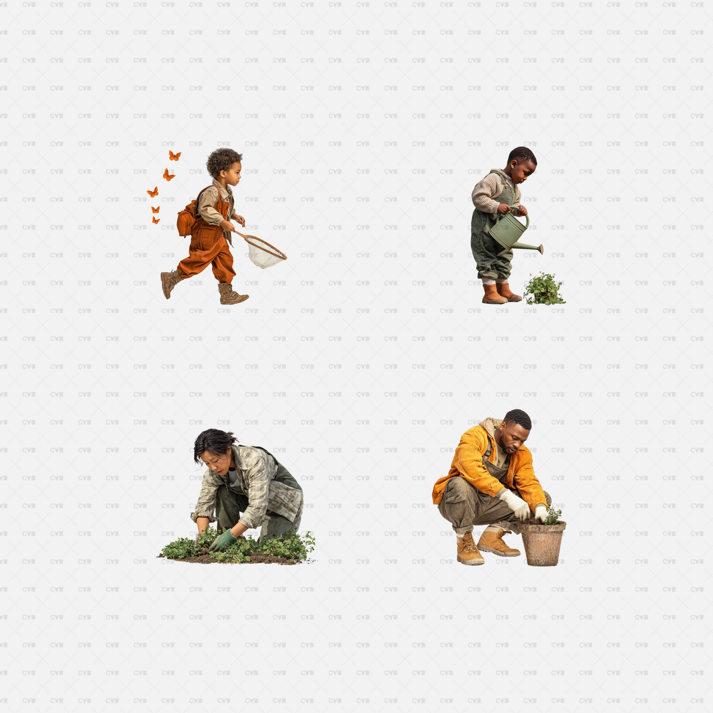 PNG Cutouts People Gardening CADasbuilt Children Watering, Weeding, Planting In Pot, Catching Butterflies