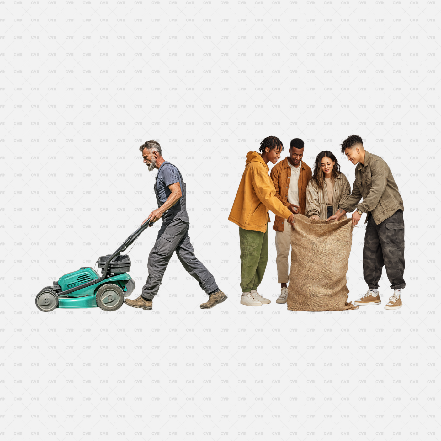 PNG Cutouts People Gardening CADasbuilt Man Pushing Lawn Mower, Team Bagging Garden Waste