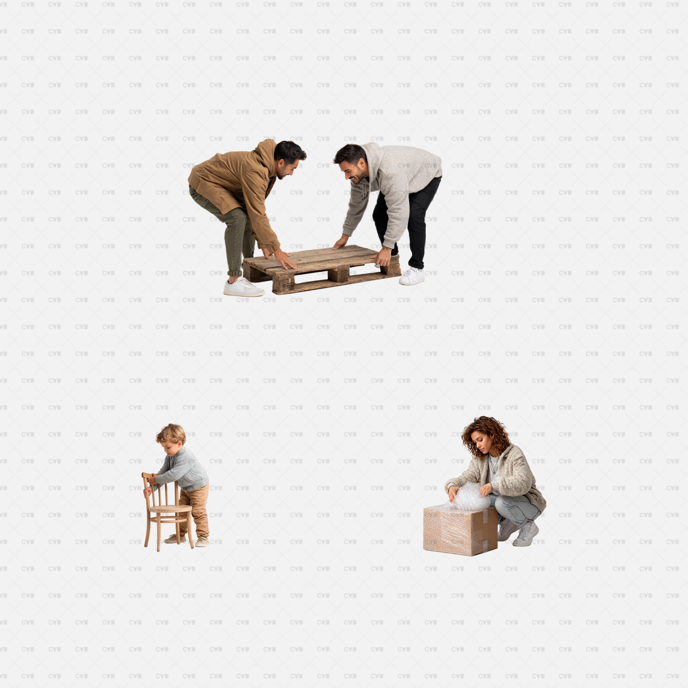 PNG Cutouts People Moving Furniture CADasbuilt Two Men Lift Pallet While Child Moves Chair And Woman Wraps Box