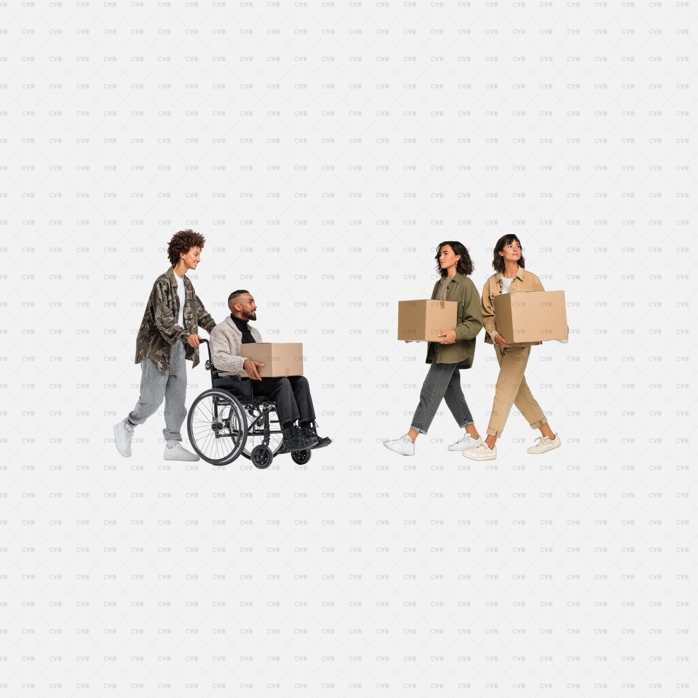 PNG Cutouts People Moving Furniture CADasbuilt Woman Pushes Wheelchair Man With Box As Two Women Walk Carrying Cartons