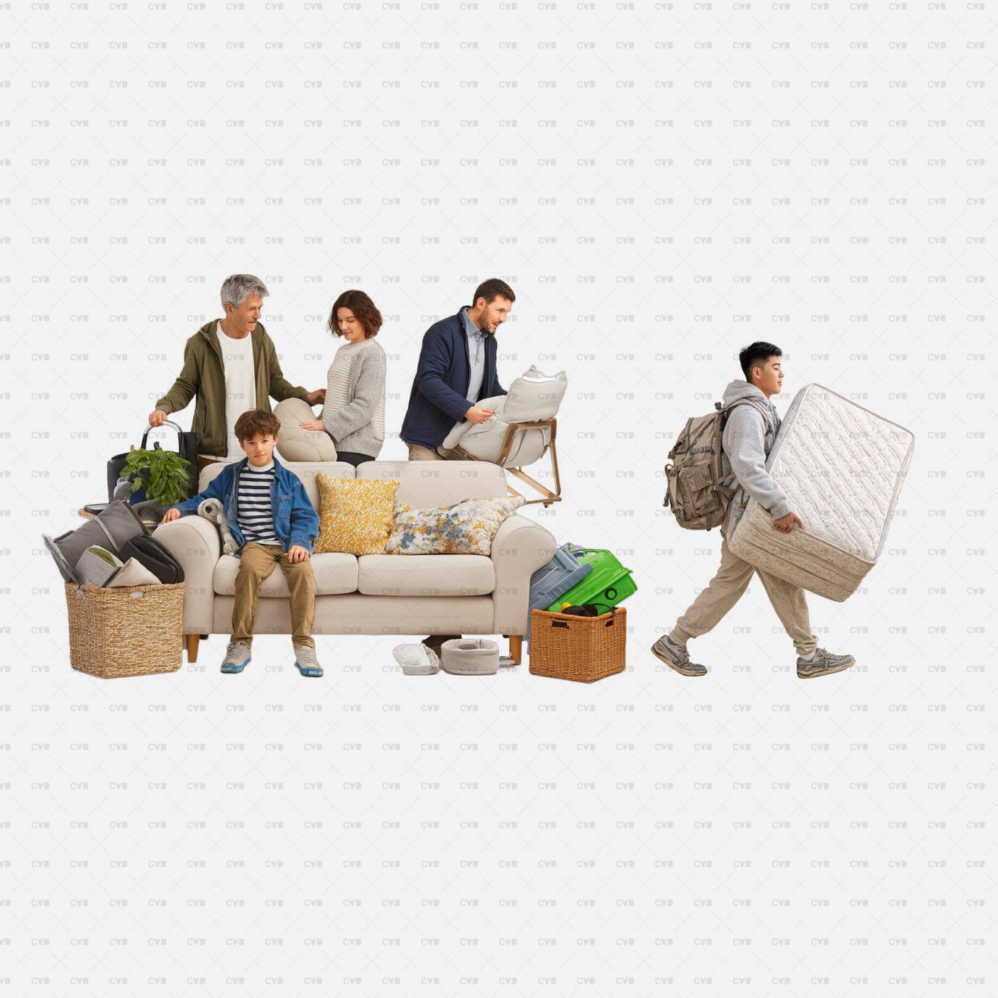 PNG Cutouts People Moving Furniture CADasbuilt Family Packs Sofa And Young Man Carries Mattress Across Scene