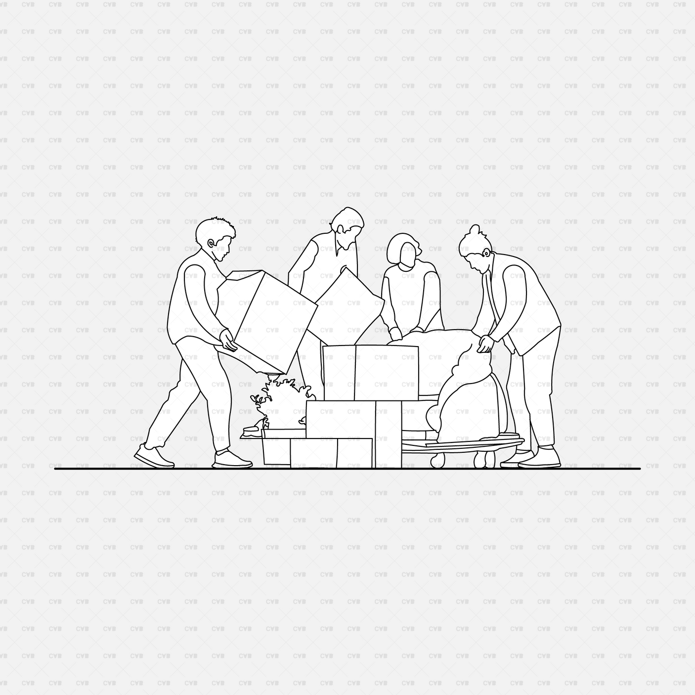 CAD people moving furniture CADasbuilt BIM Blocks dwg — team loads boxes and bags onto a dolly.