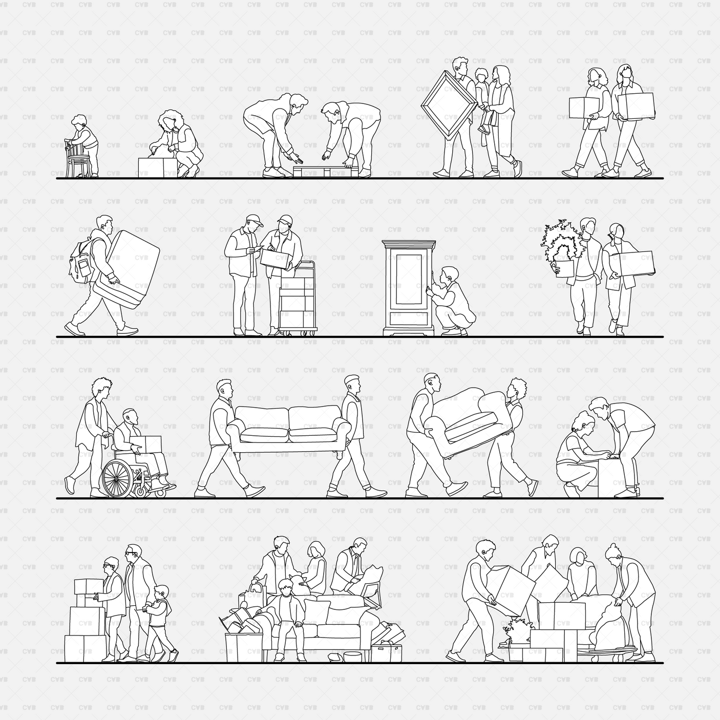 CAD people moving furniture CADasbuilt BIM Blocks dwg — collection of scenes carrying sofas, boxes, frames, and gear.