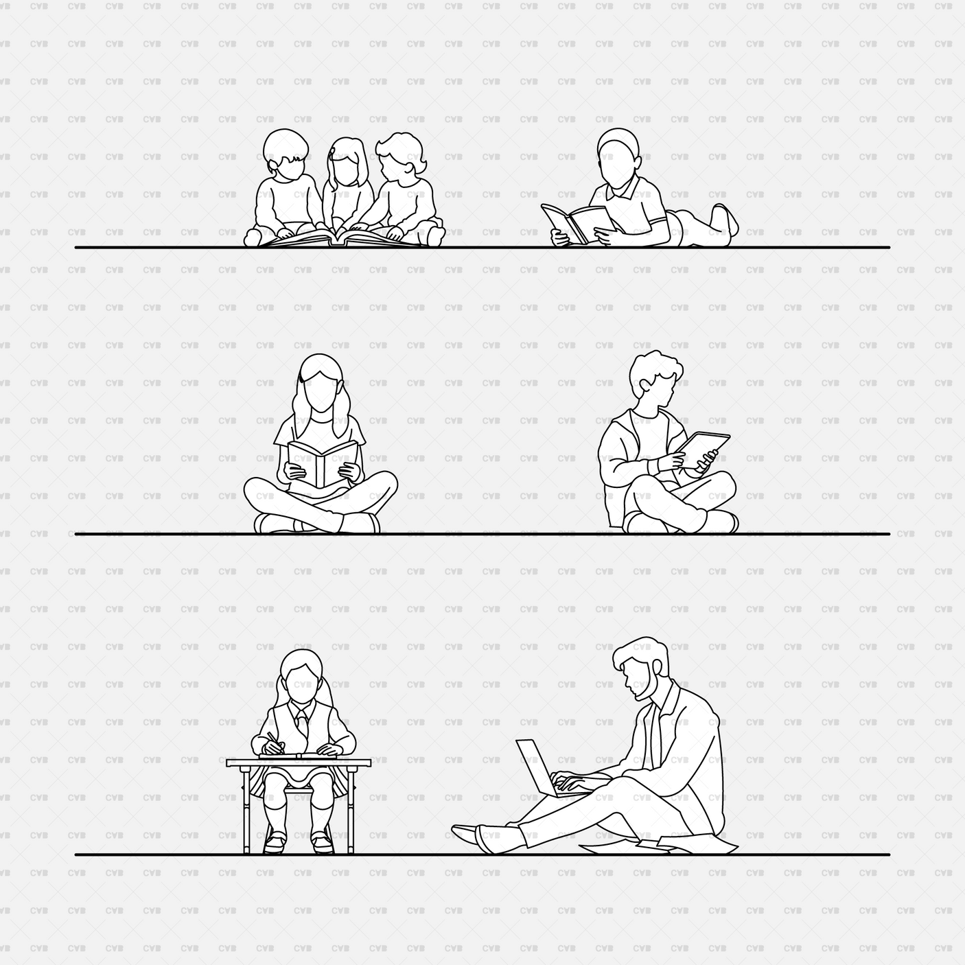 download high quality CAD Blocks and Vectors cadasbuilt people studying and reading on the floor