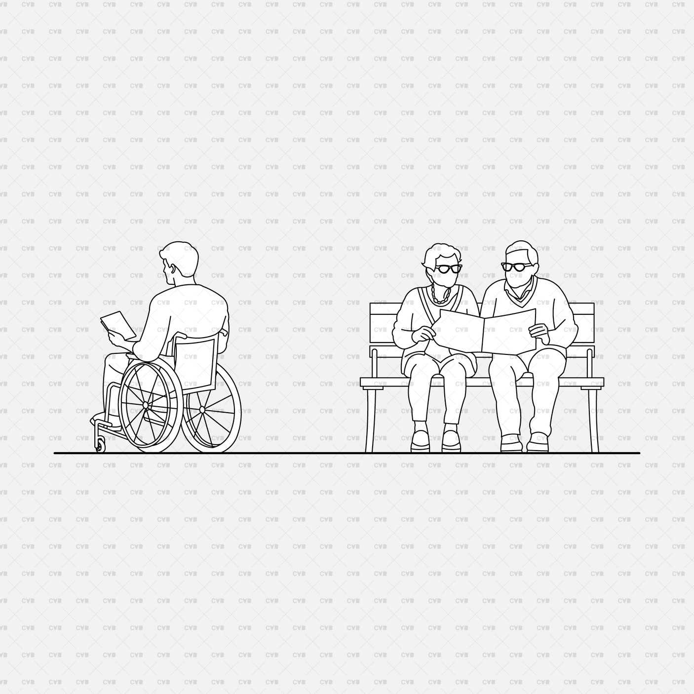 download high quality CAD Blocks and Vectors cadasbuilt people studying and reading while sitting on a bench