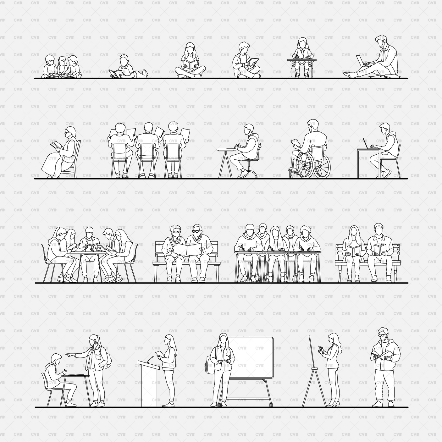 download high quality CAD Blocks and Vectors cadasbuilt people studying and reading