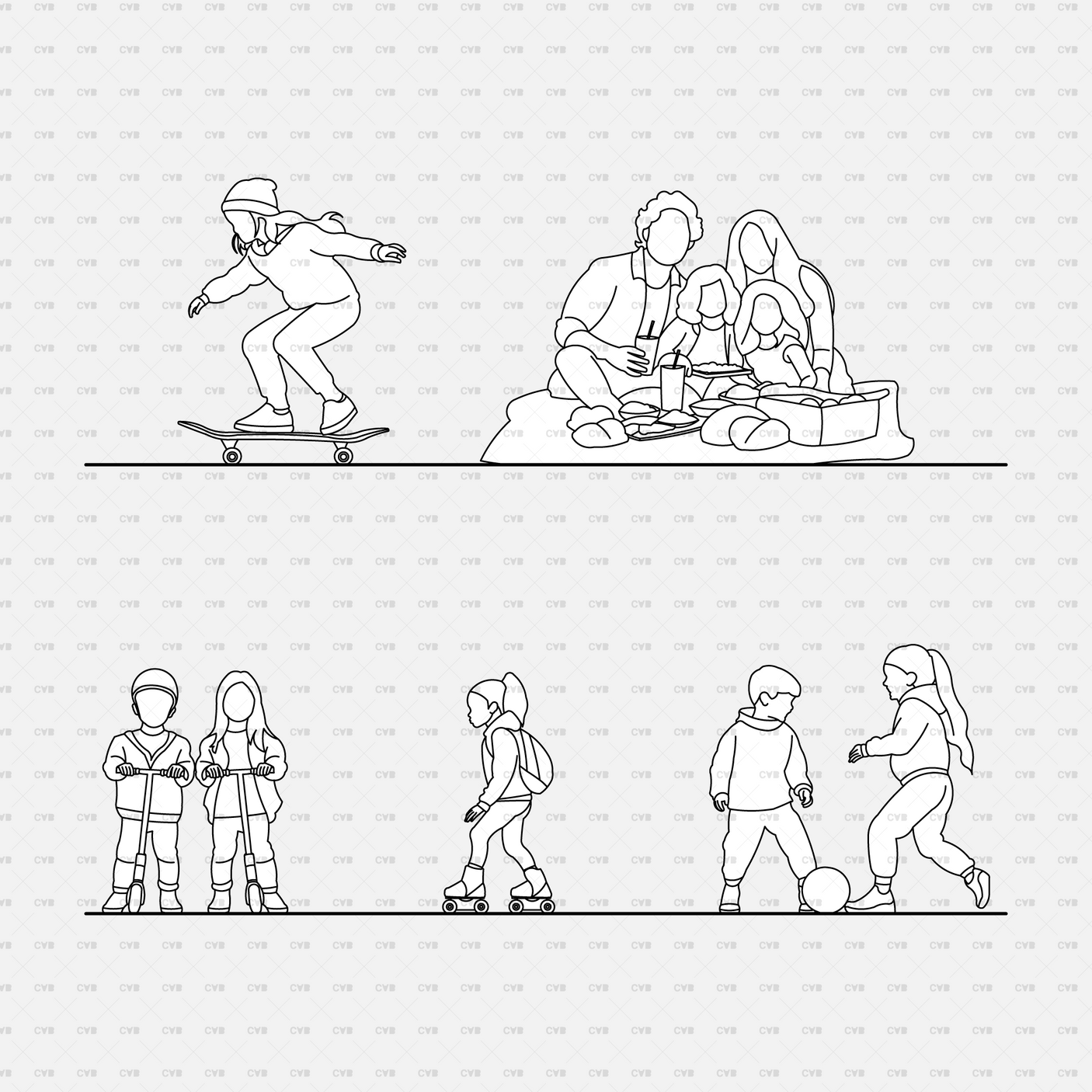 download high quality CAD vector blocks Cadasbuilt People in parks roller skating
