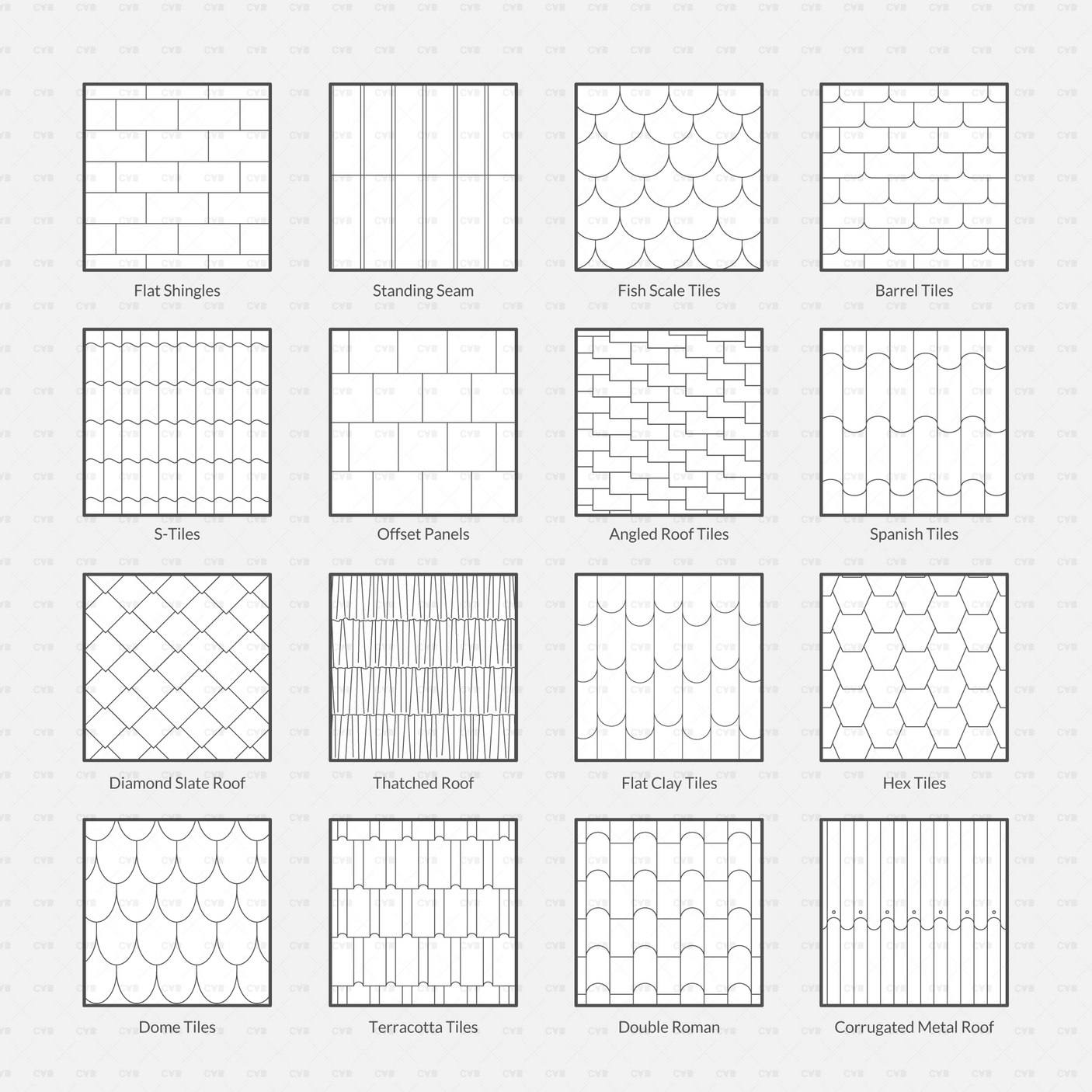 Vector Illustrator Pattern roof patterns CADasbuilt AI SVG collection sheet preview of assorted roof tile patterns
