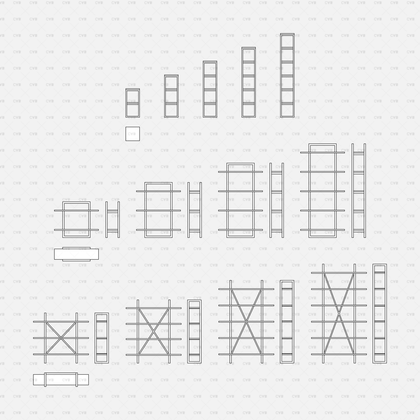 Dynamic CAD Shelves And Storage 01 CADasbuilt BIM Blocks DWG Overview Of Wall, A-Frame, Arch, Cross-Braced, Bookcase Units