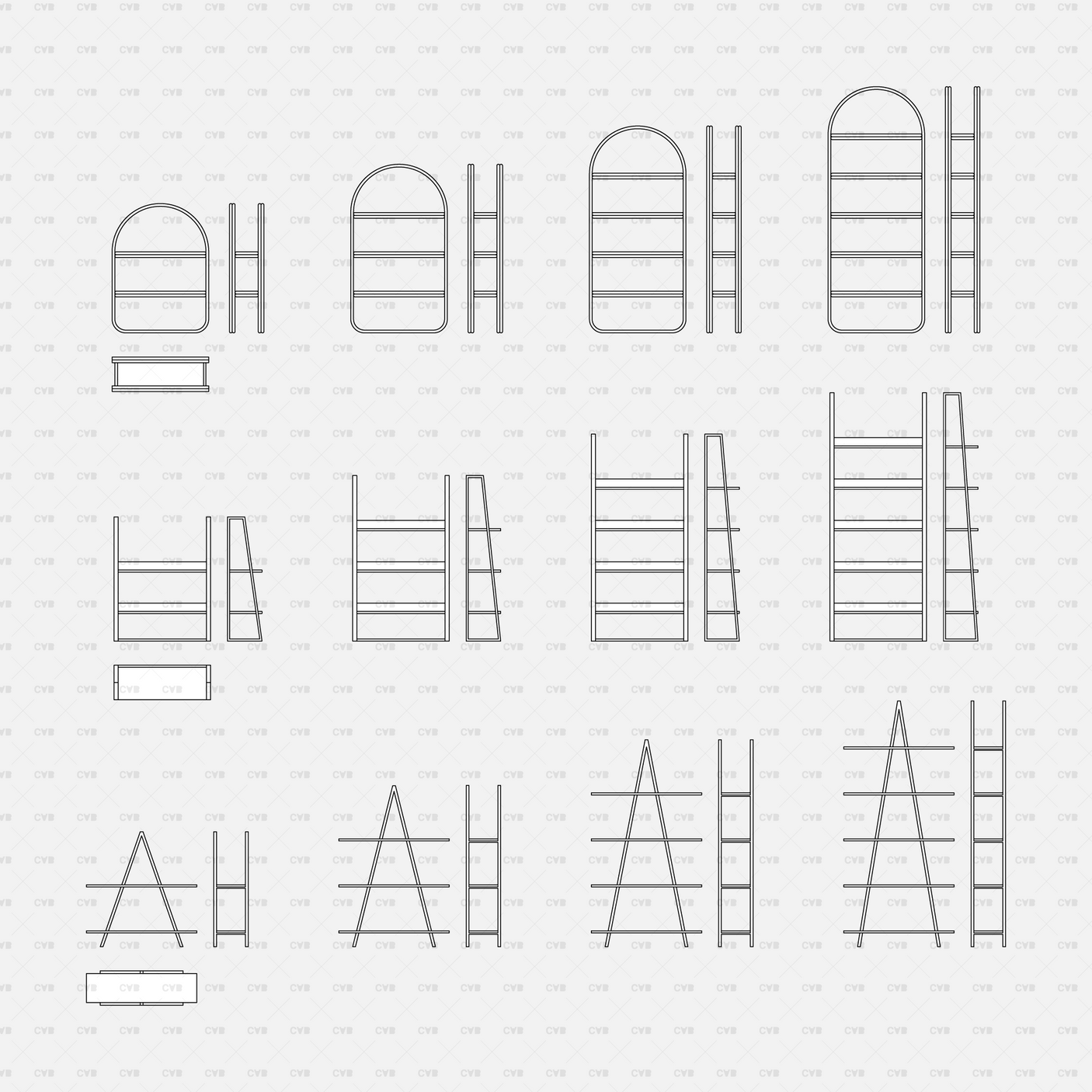 Dynamic CAD Shelves And Storage 01 CADasbuilt BIM Blocks DWG Arched, Leaning, And A-Frame Shelves In Plan, Front, Side