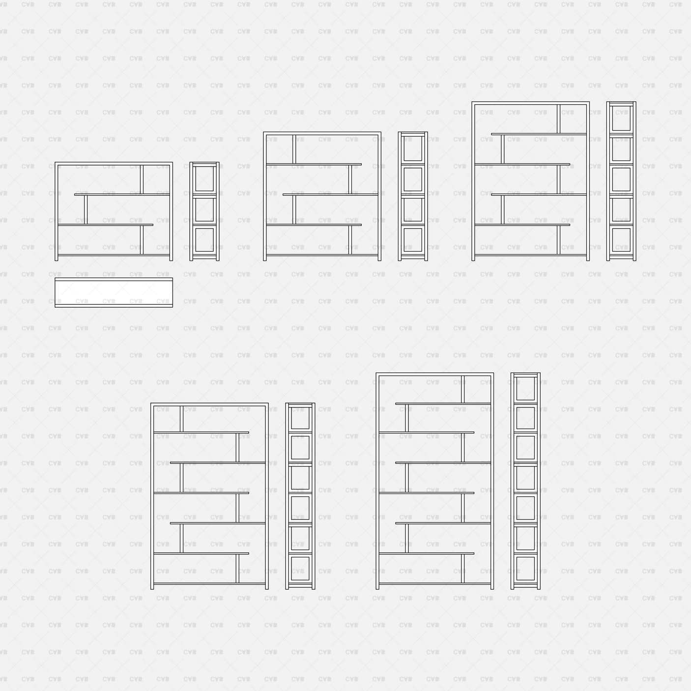 Dynamic CAD Shelves And Storage 01 CADasbuilt BIM Blocks DWG Rectangular Bookcase Shelves With Side Panel Views