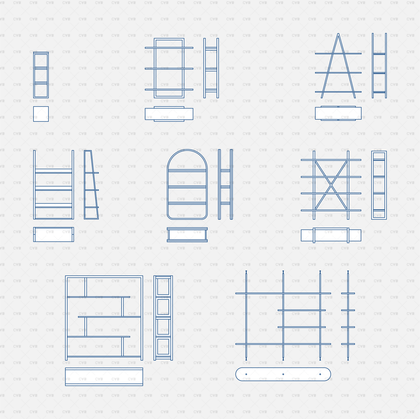 Dynamic CAD Shelves And Storage 01 CADasbuilt BIM Blocks DWG Blue Outline Overview Of All Shelf Types And Components
