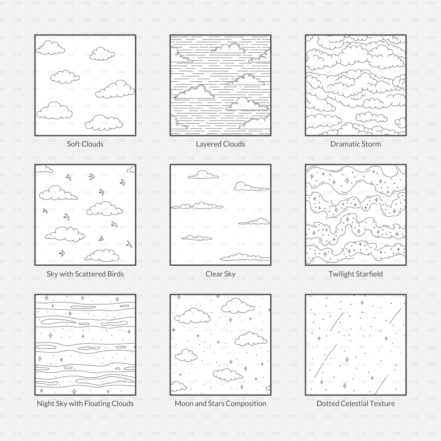 Vector Illustrator Pattern sky patterns CADasbuilt AI SVG thumbnail grid preview of all sky pattern designs.