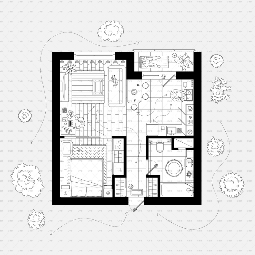 download CAD blocks and Vector Small Apartment Template plan view