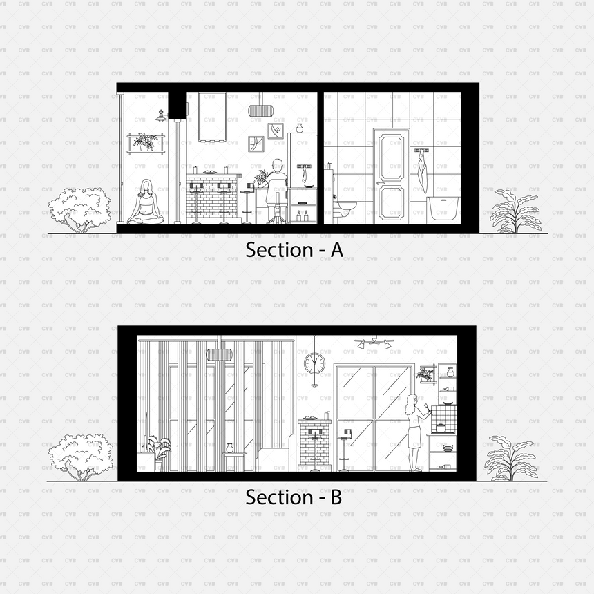 download CAD blocks and Vector Small Apartment Template section elevation views