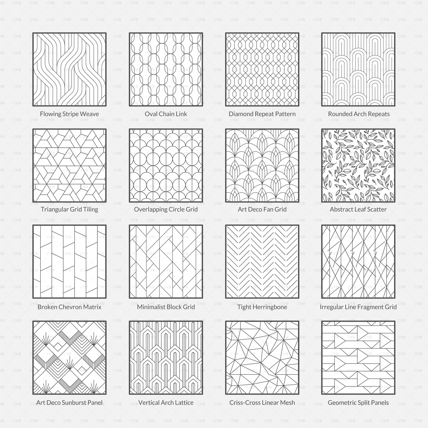 Vector Illustrator Pattern wallpaper CADasbuilt AI SVG – preview grid of 16 seamless wallpaper patterns from the library.