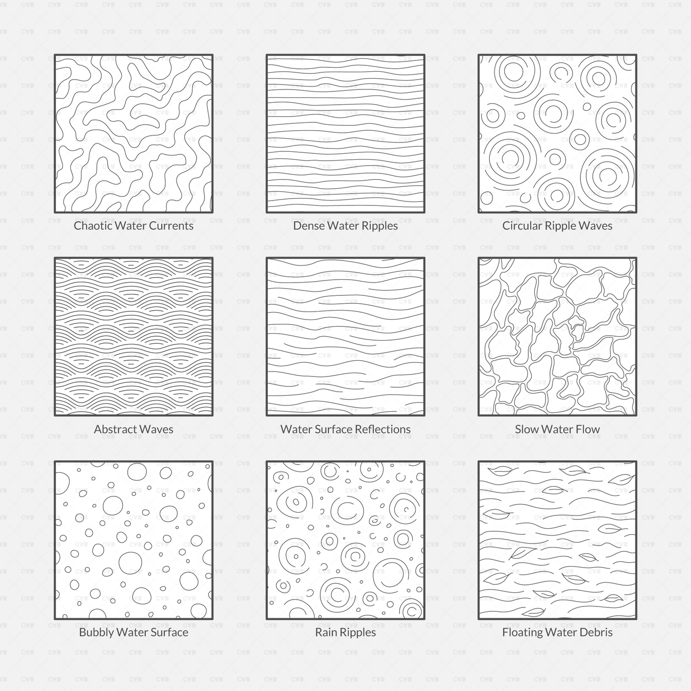 Vector Illustrator Pattern water surfaces CADasbuilt AI SVG Pack preview showing nine water surface pattern thumbnails.