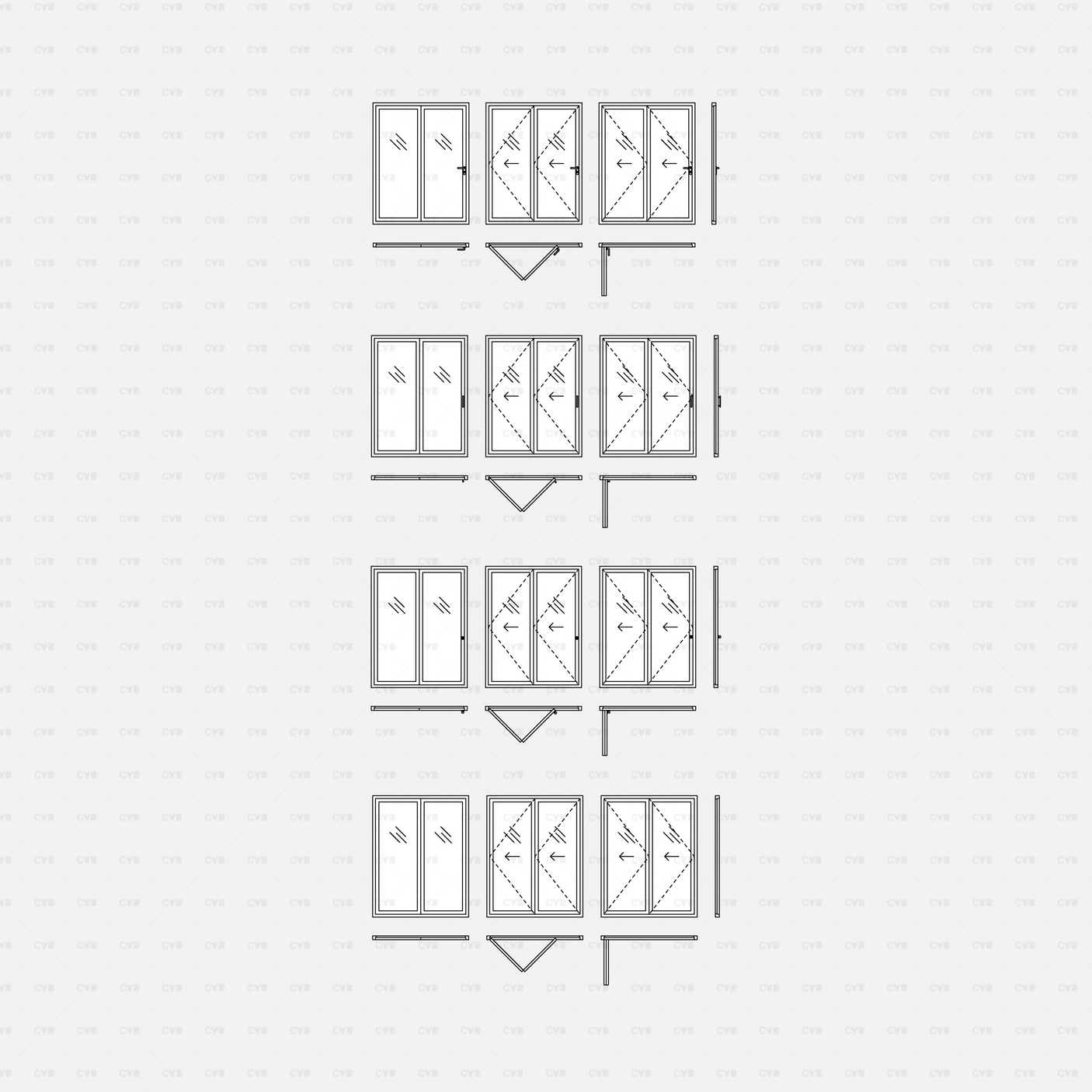cad dynamic blocks aluminum bi-fold doors CADasbuilt BIM blocks dwg 3-panel assemblies closed and open with track details