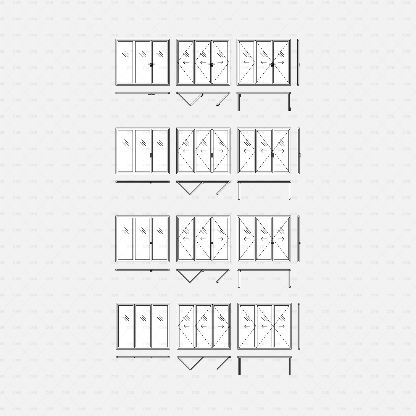 cad dynamic blocks aluminum bi-fold doors CADasbuilt BIM blocks dwg 4-panel folding configurations arrows show swing direction