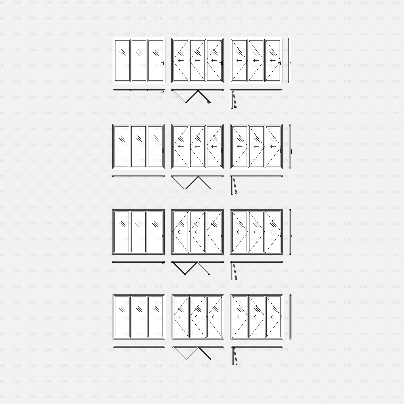 cad dynamic blocks aluminum bi-fold doors CADasbuilt BIM blocks dwg 5-panel layouts with hinge symbols and base track views