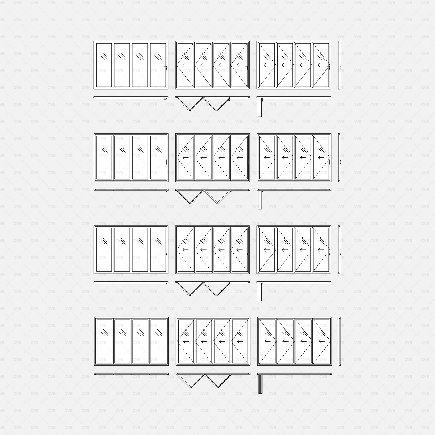 cad dynamic blocks aluminum bi-fold doors CADasbuilt BIM blocks dwg 7-panel door designs with arrows hinge markers and track