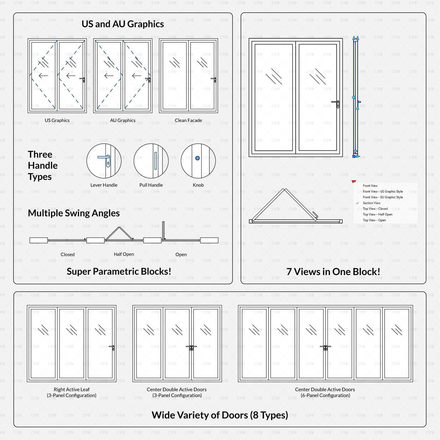 cad dynamic blocks aluminum bi-fold doors CADasbuilt BIM blocks dwg overview sheet graphics handles and eight door types