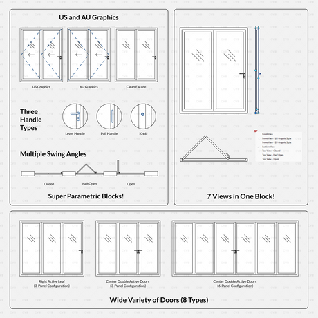 cad dynamic blocks aluminum bi-fold doors CADasbuilt BIM blocks dwg overview sheet graphics handles and eight door types