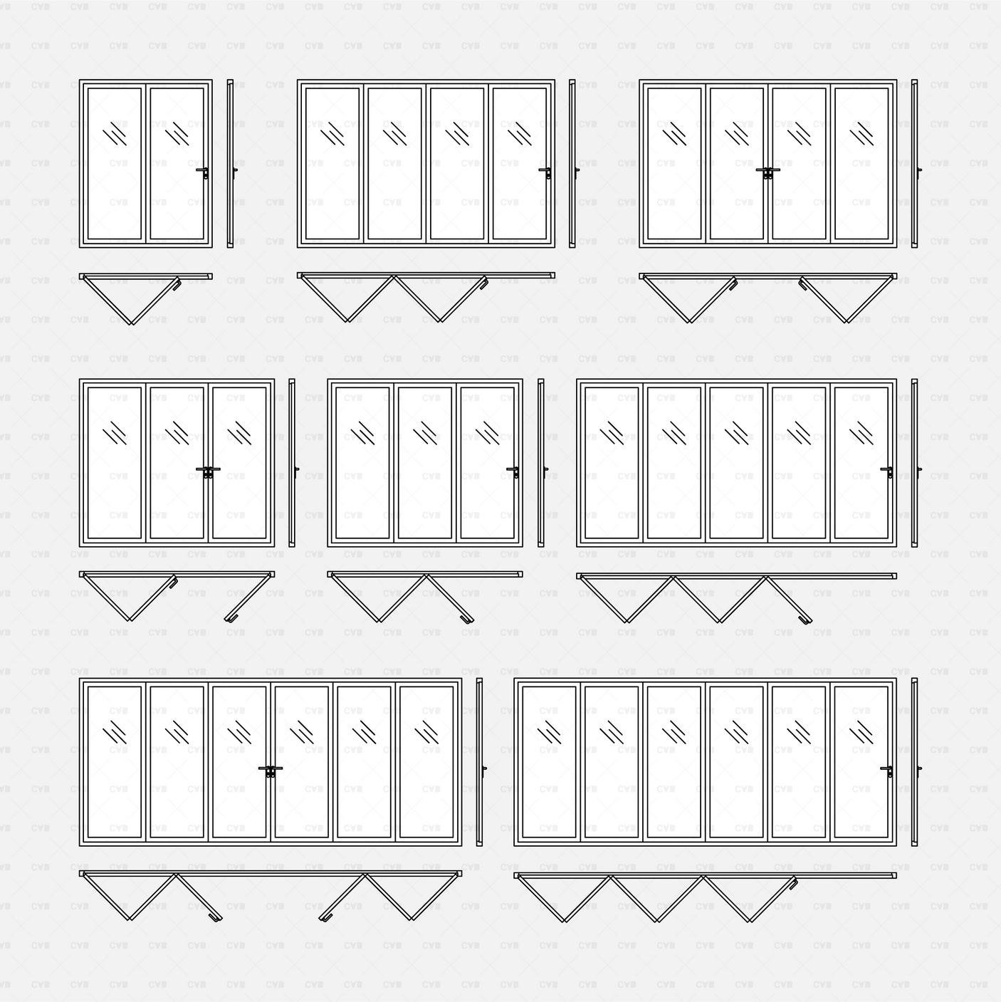 cad dynamic blocks aluminum bi-fold doors CADasbuilt BIM blocks dwg black line front and plan views for 8 folding door sets