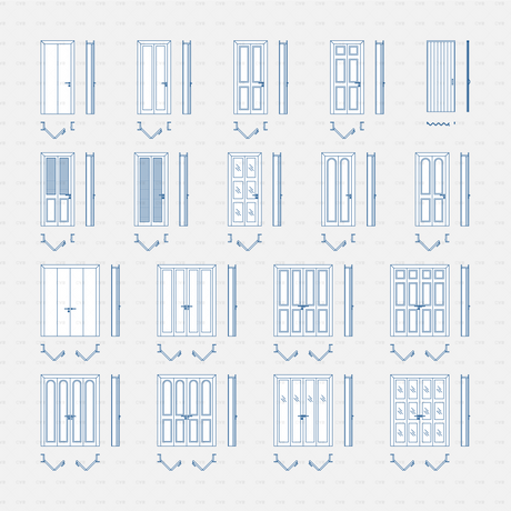 cad dynamic blocks wooden bi-fold doors CADasbuilt BIM blocks dwg front, side, plan views black line set of 18 types