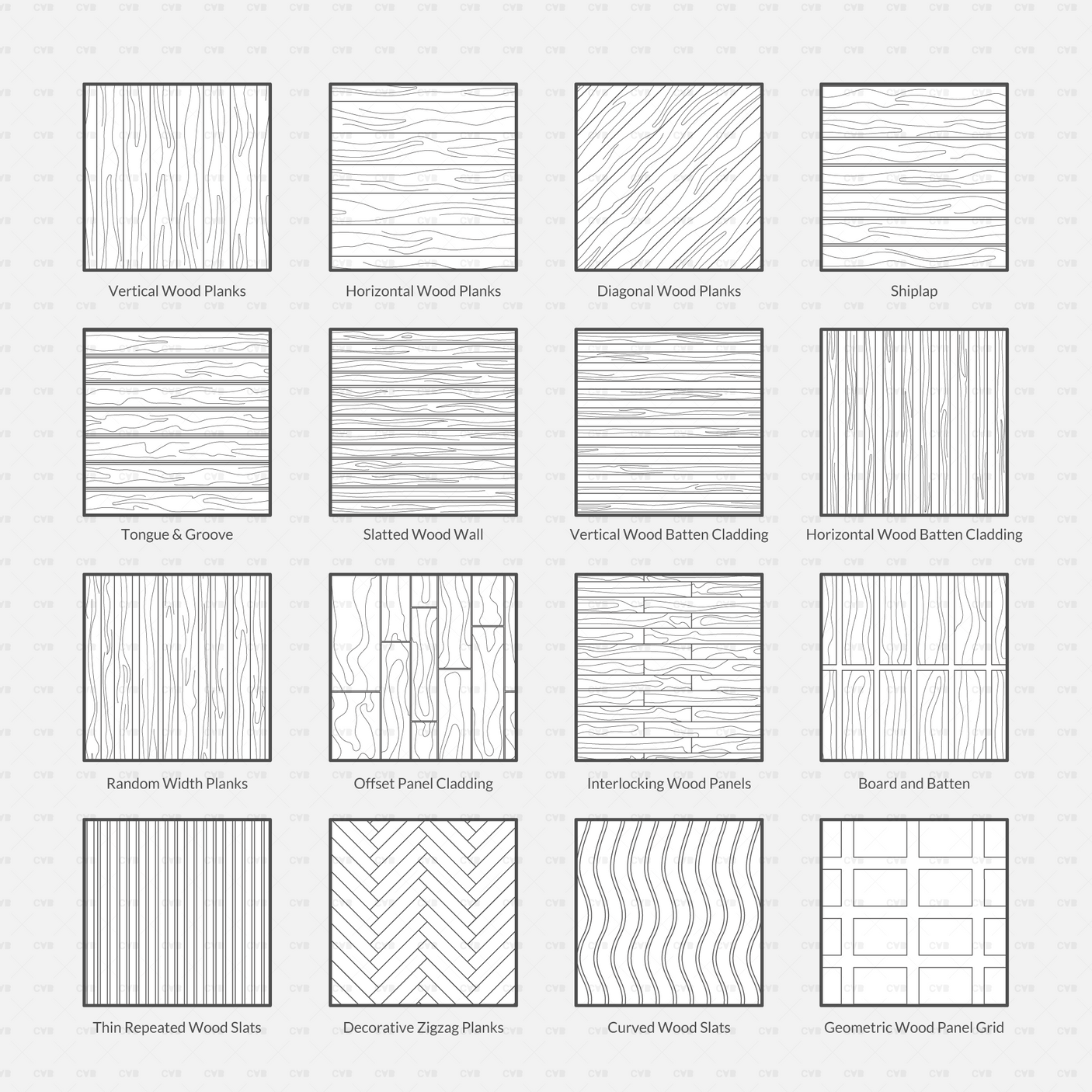 Vector Illustrator Pattern wood patterns CADasbuilt AI SVG pack preview grid of wood grain and plank styles.