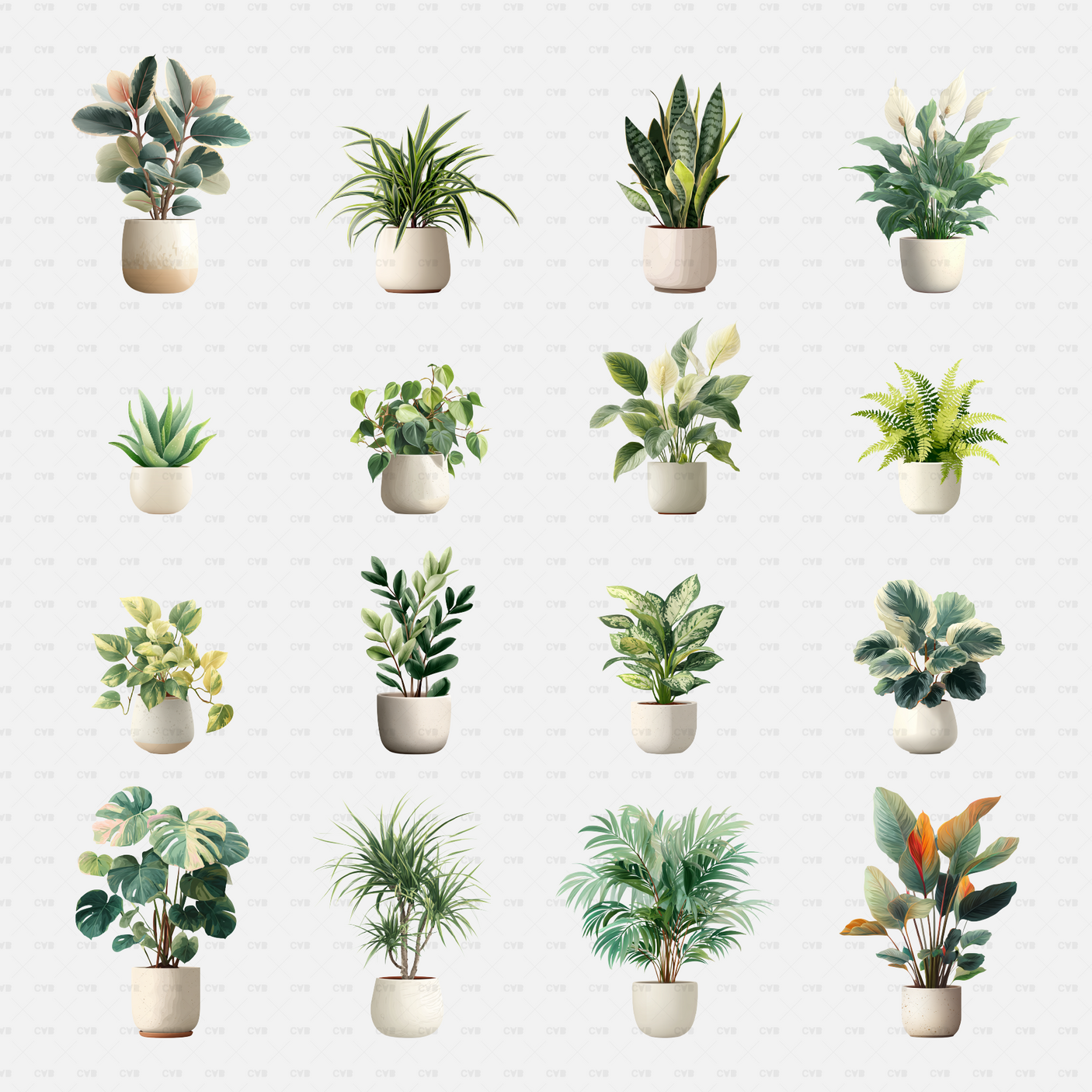 PNG Cutouts - potted plants cadasbuilt AI SVG dwg grid of 16 modern indoor houseplants in white ceramic pots
