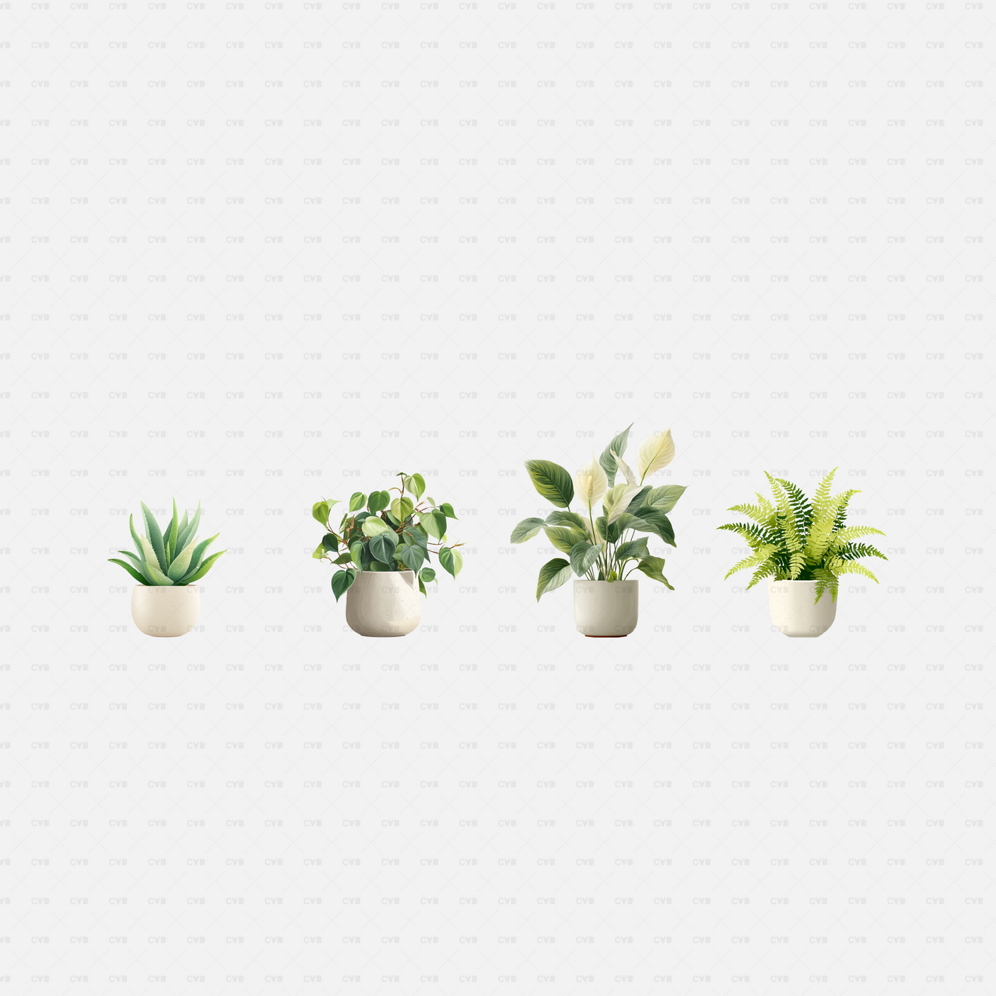 PNG Cutouts - potted plants cadasbuilt AI SVG dwg four small potted plants, aloe, trailing vine, peace lily and fern