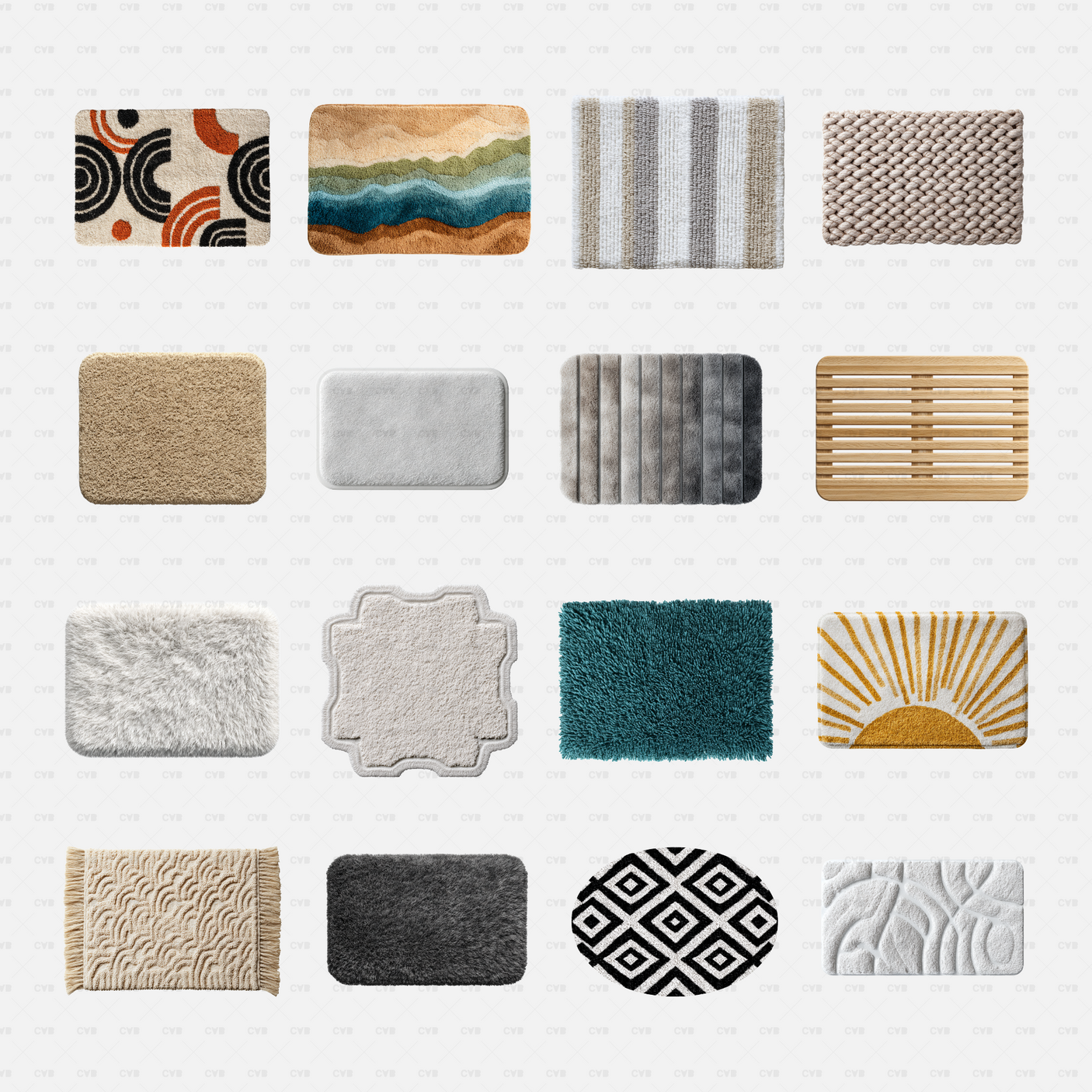 PNG Cutouts - Bathroom Rugs cadasbuilt AI SVG dwg set of sixteen bathroom rug PNG cutouts in assorted shapes, colors and textures