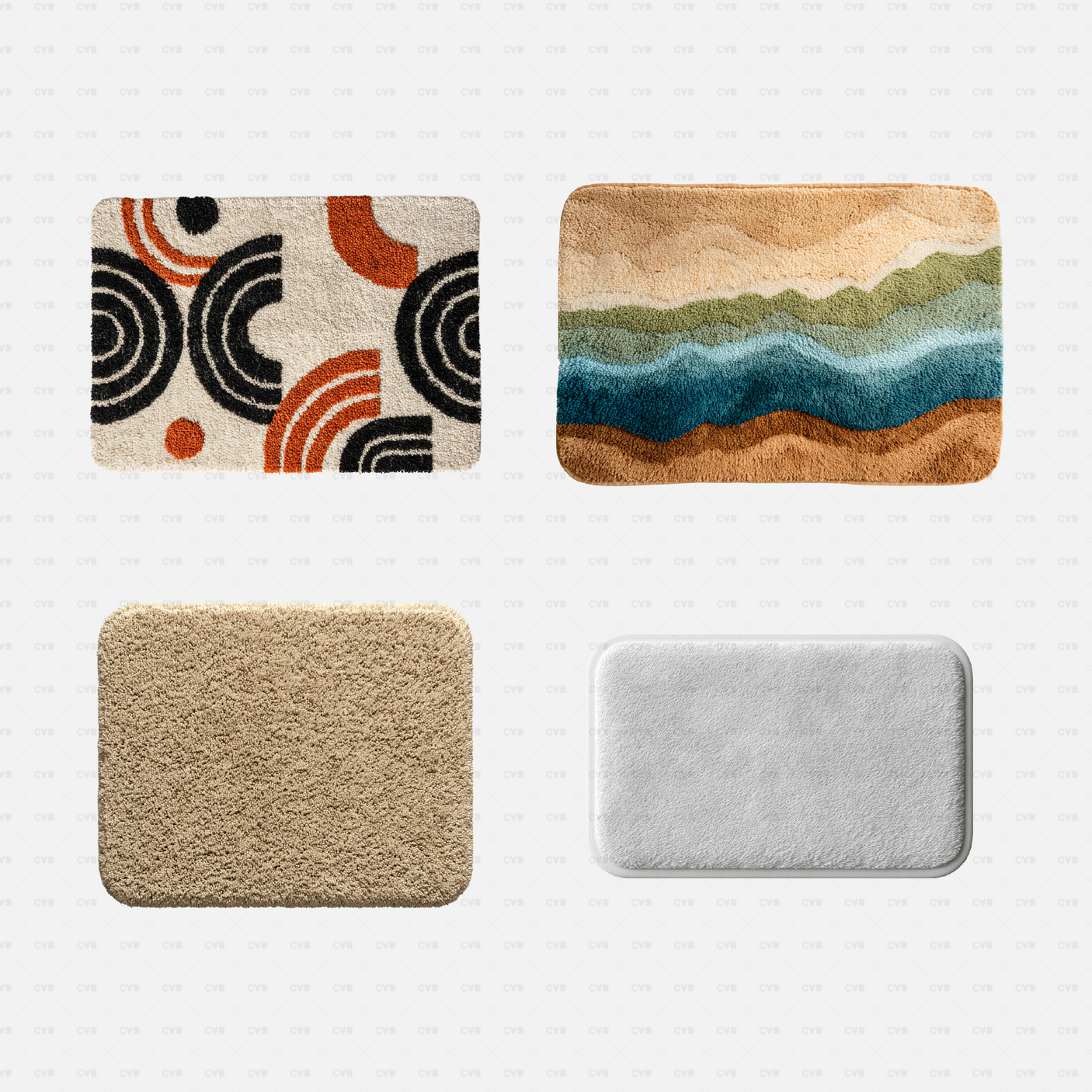 PNG Cutouts - Bathroom Rugs cadasbuilt AI SVG dwg four rugs, bold circles, coastal waves, plain beige pile and simple white mat