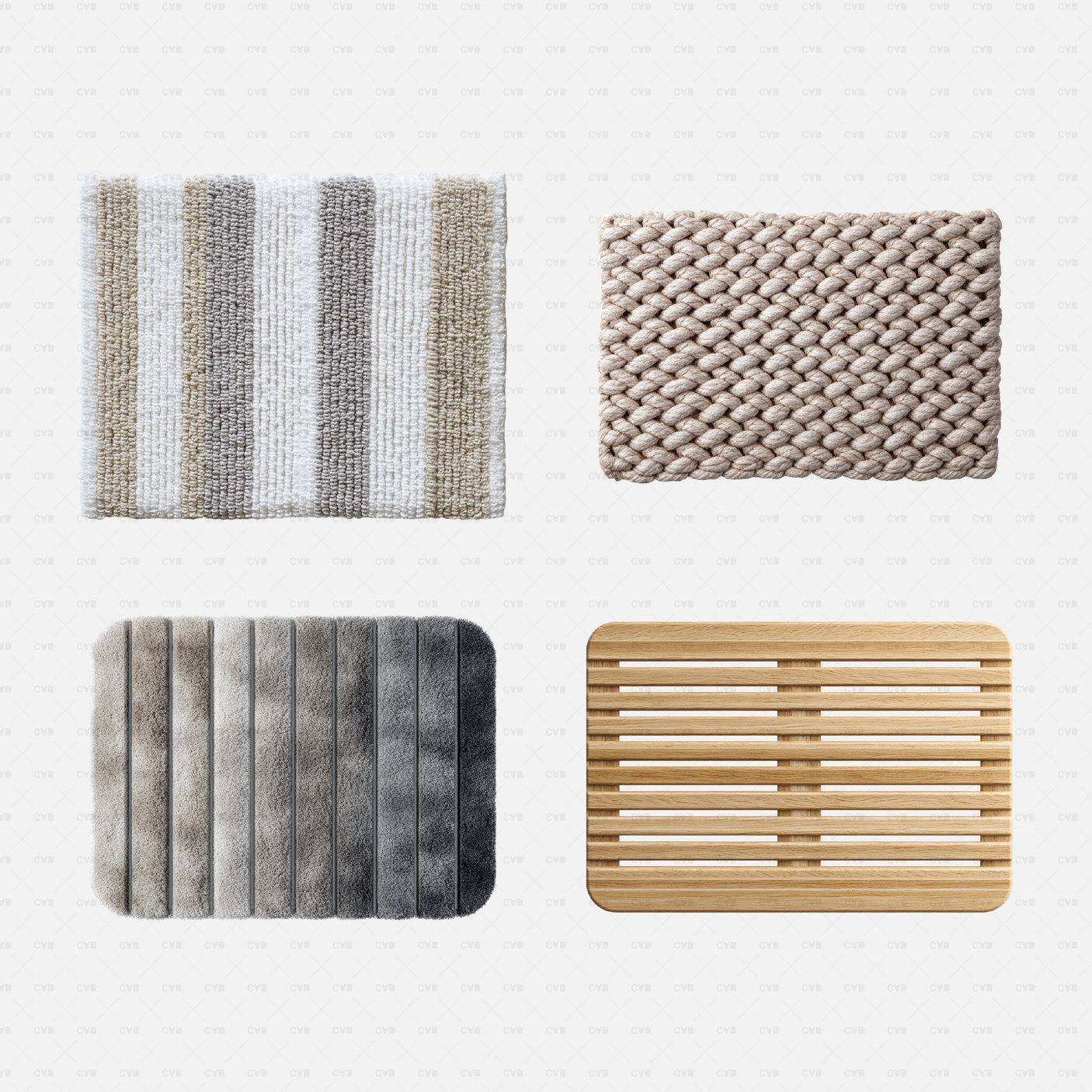 PNG Cutouts - Bathroom Rugs cadasbuilt AI SVG dwg four textured mats, striped neutral, braided knit, ribbed grey and slatted wood tray
