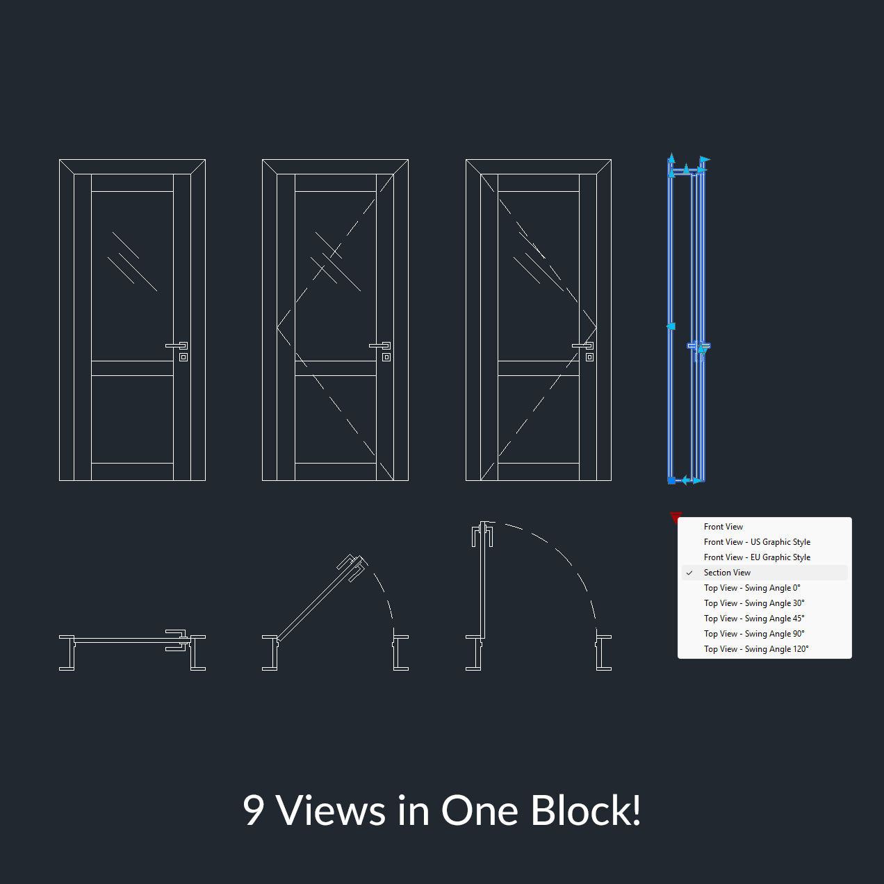 Dynamic CAD Blocks - 49 Doors Mega Pack (Wooden Frame) download autocad door top section elevation views 