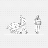 CAD People gardening pack CADasbuilt AI SVG - man pushing wheelbarrow of mulch; worker carrying crate