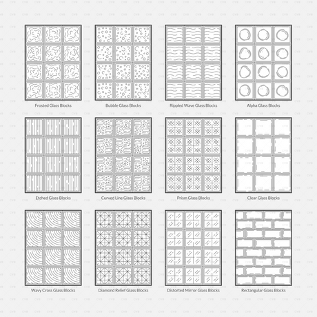 Vector Illustrator Pattern glass blocks CADasbuilt AI SVG – Collection overview sheet showing 12 pattern thumbnails