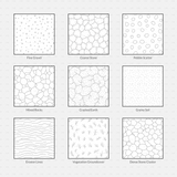 Vector Illustrator Pattern Ground CADasbuilt AI SVG pack overview of nine swatches: gravel, stone, pebbles, soil, erosion, vegetation.