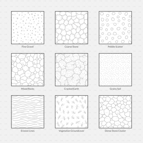 Vector Illustrator Pattern Ground CADasbuilt AI SVG pack overview of nine swatches: gravel, stone, pebbles, soil, erosion, vegetation.