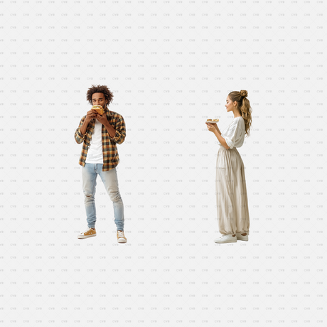 PNG cutouts of a young man eating a sandwich and a woman holding a plate of food. Perfect for architectural visualizations, cafes, and kitchen designs. Download now.