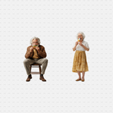 PNG cutouts of an elderly man eating a sandwich and an elderly woman enjoying ice cream. Perfect for architectural visualizations and dining settings. Download now.