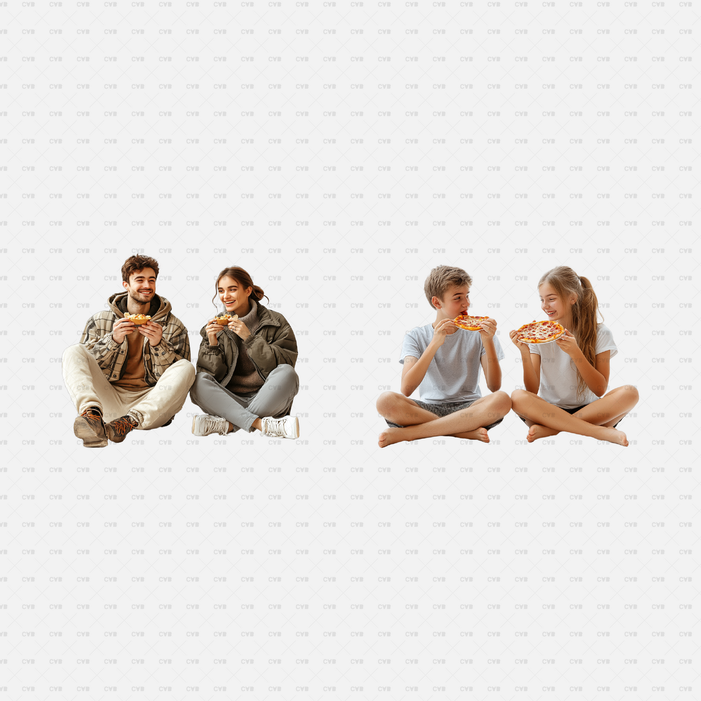 PNG cutouts of a young couple and two kids sitting and eating pizza. Ideal for cafes, casual dining, and outdoor scenes in architectural visualizations. Download now.