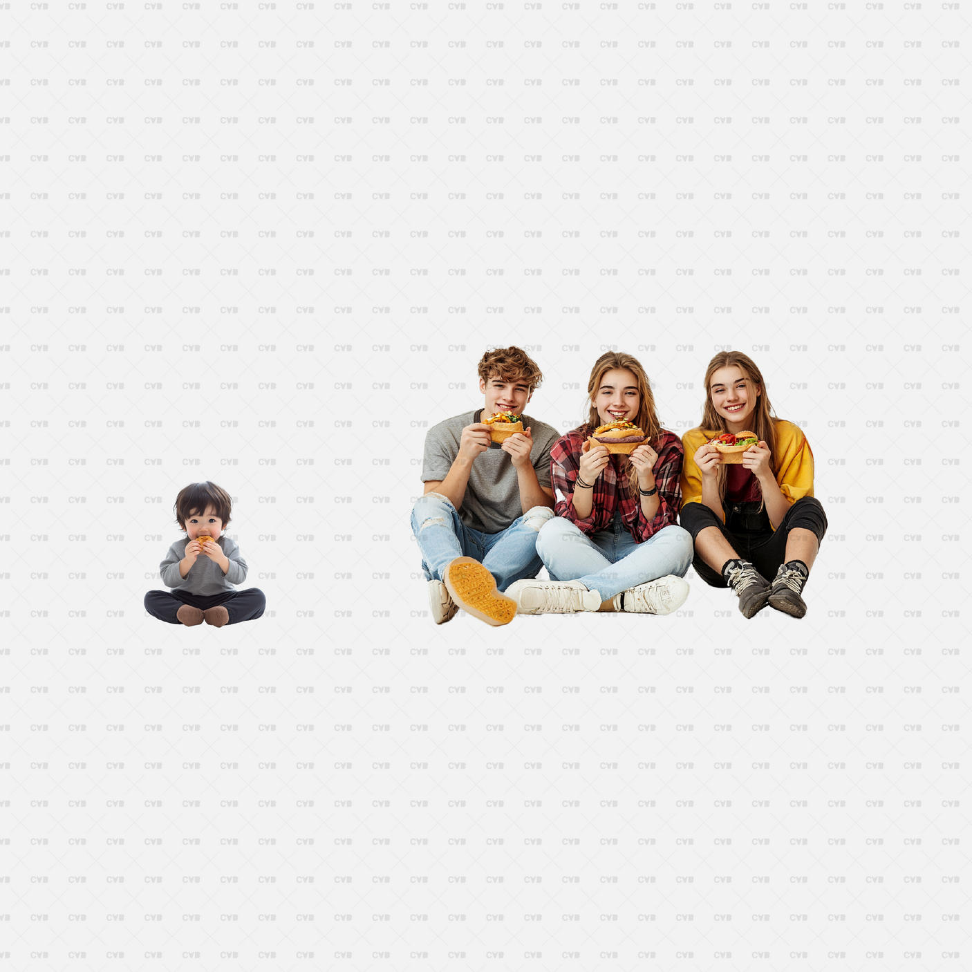 PNG cutouts of a toddler eating a sandwich and a group of three teens sitting and enjoying burgers. Great for family-friendly and casual dining scenes. Download now.