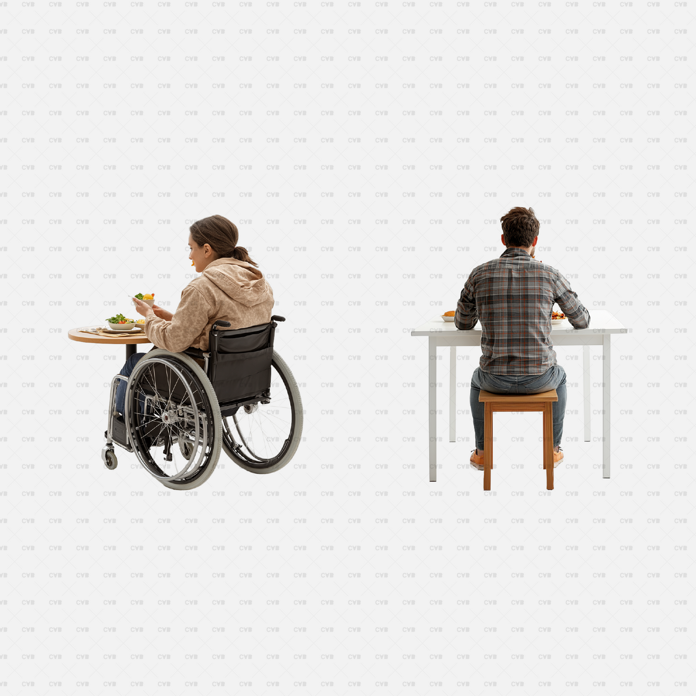 PNG cutouts of a woman in a wheelchair eating at a table and a man sitting at a desk having a meal. Perfect for architectural and dining scene visualizations. Download now