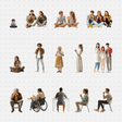 PNG cutouts of a group of people eating in various settings, including individuals and families. Perfect for dining, cafes, and picnic scenes in architectural designs. Download now.